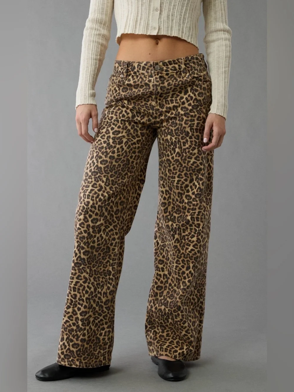 AE Stretch Leopard Low-Rise Baggy Wide-Leg Pant